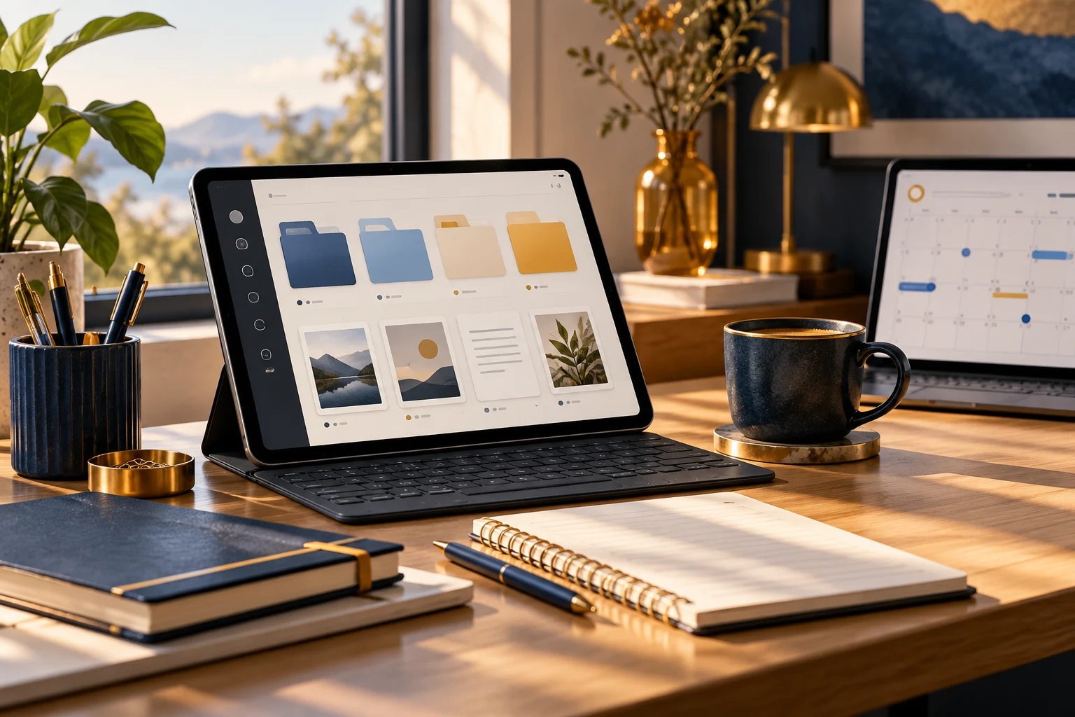 Aufgeräumter Schreibtisch mit Tablet, digitalen Dokumenten und Kalender