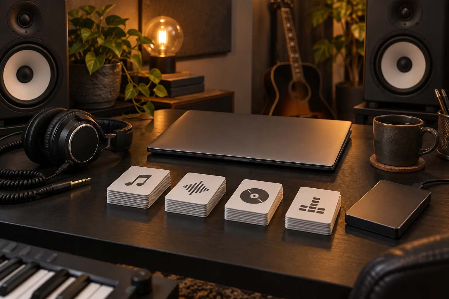 Heimstudio mit Kopfhörern, Lautsprechern, geschlossenem Laptop und neutralen Symbolkarten für Audiodateien