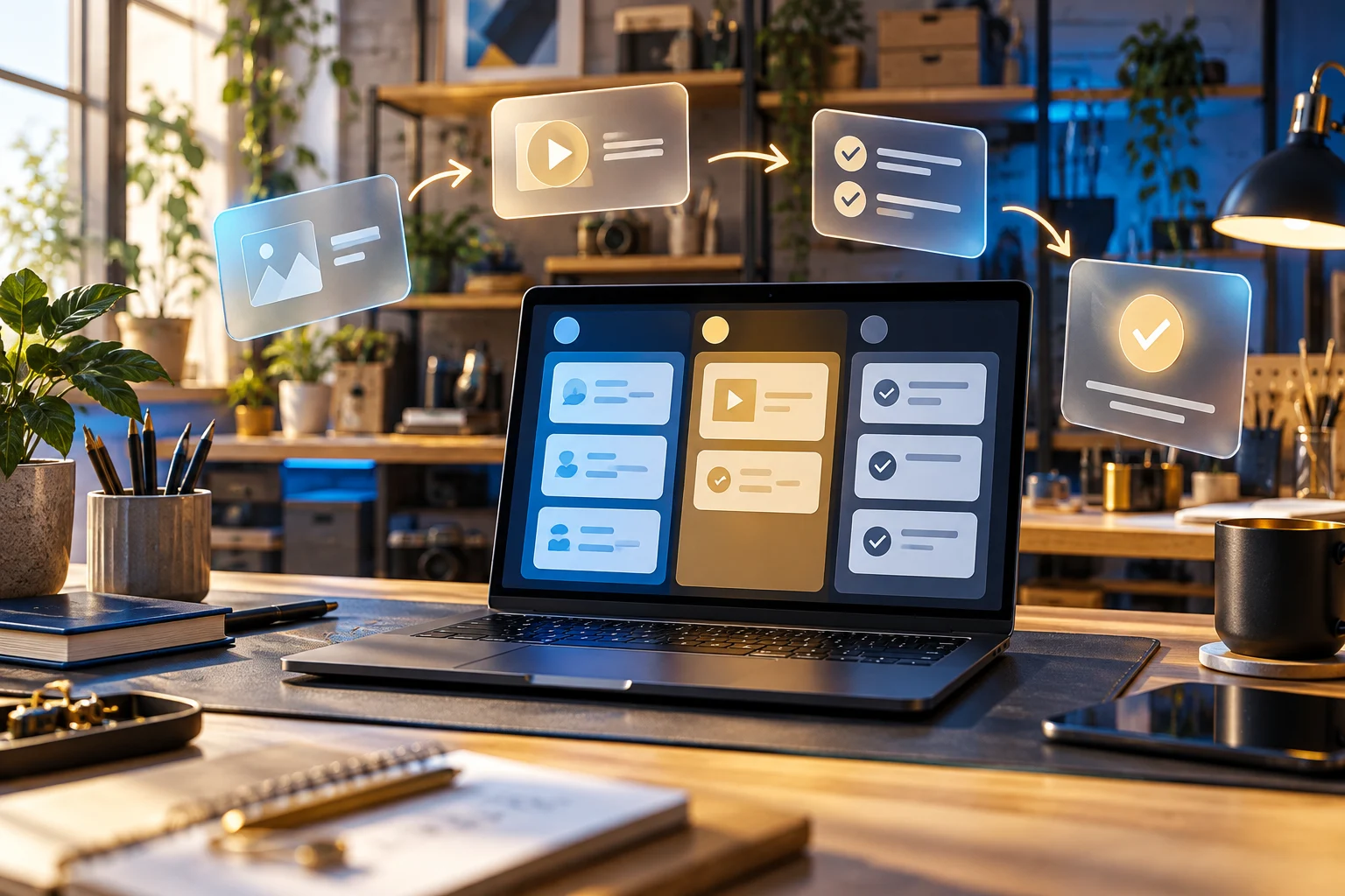Kleine Werkstatt mit Laptop und klar gegliedertem digitalen Ablauf