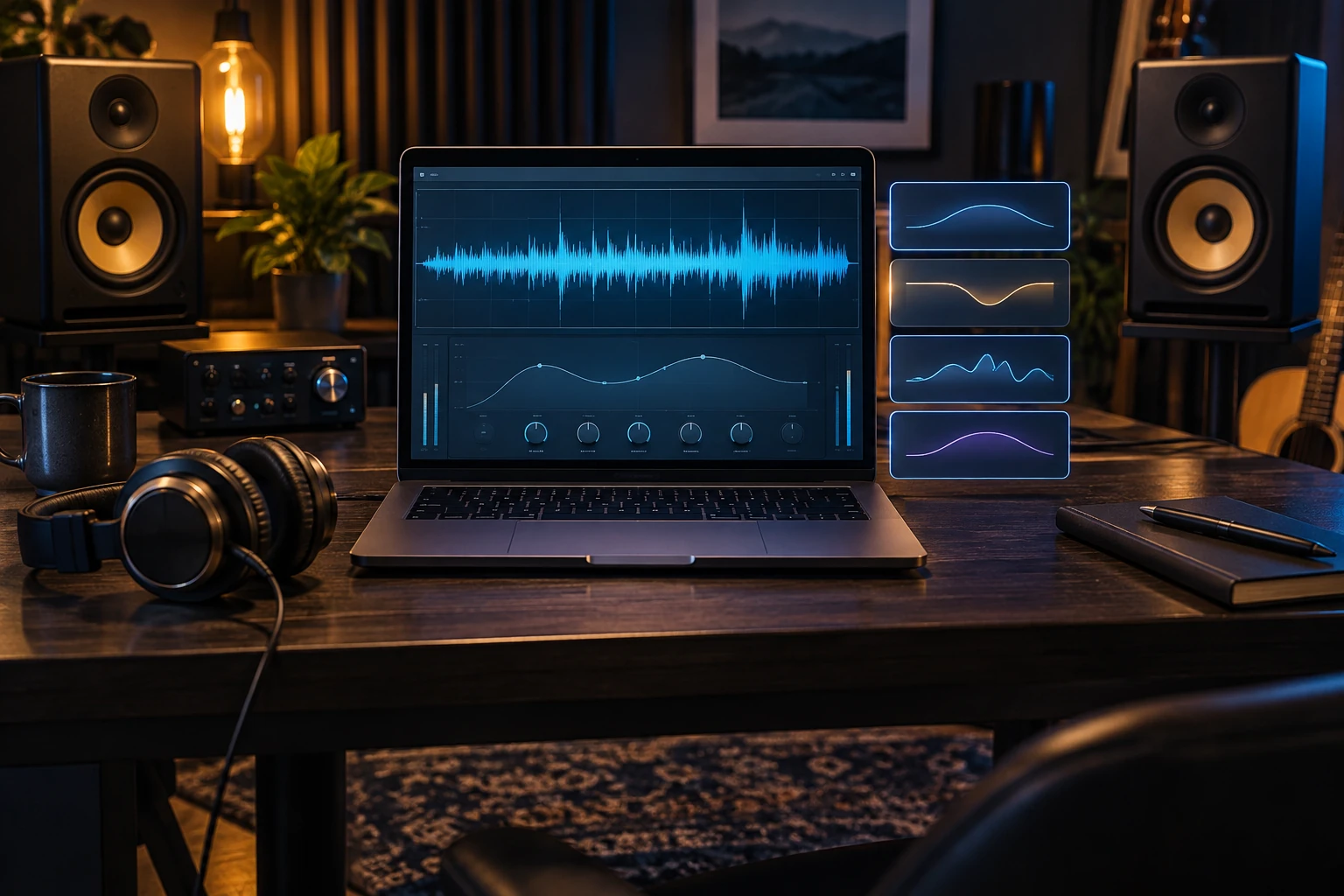 Fiktives Heimstudio mit Laptop, Kopfhörern, Lautsprechern und vier abstrakten Klangprofilen als Illustration für automatisiertes Mastering