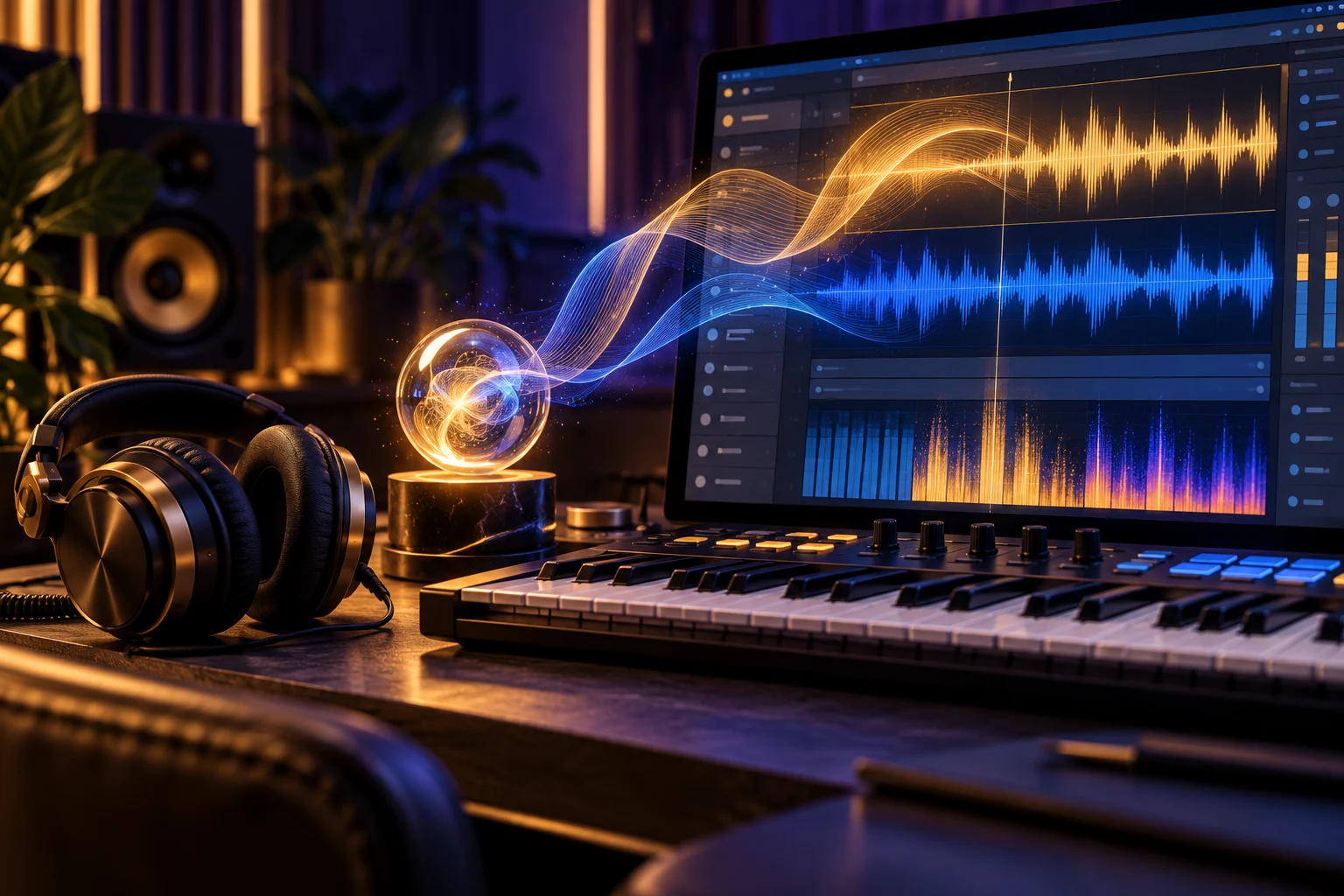 Musikstudio mit Kopfhörern, Keyboard und leuchtenden Klangwellen