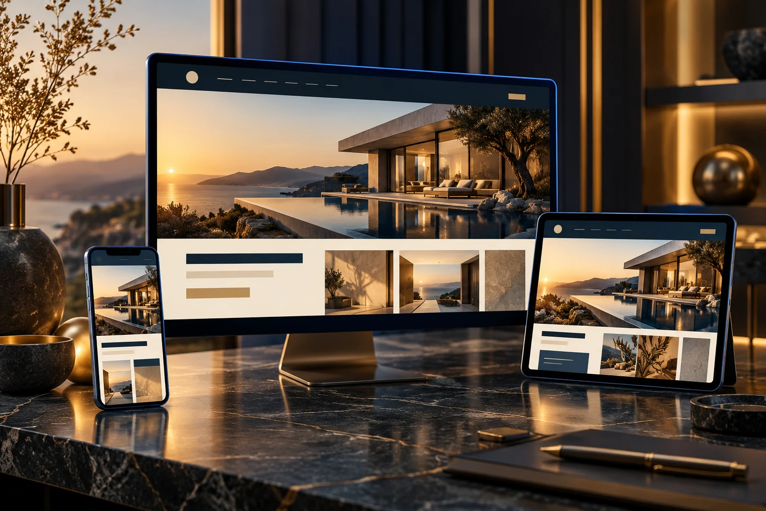 Desktop, Tablet und Handy mit einer fiktiven, einheitlich gestalteten Architekturwebsite