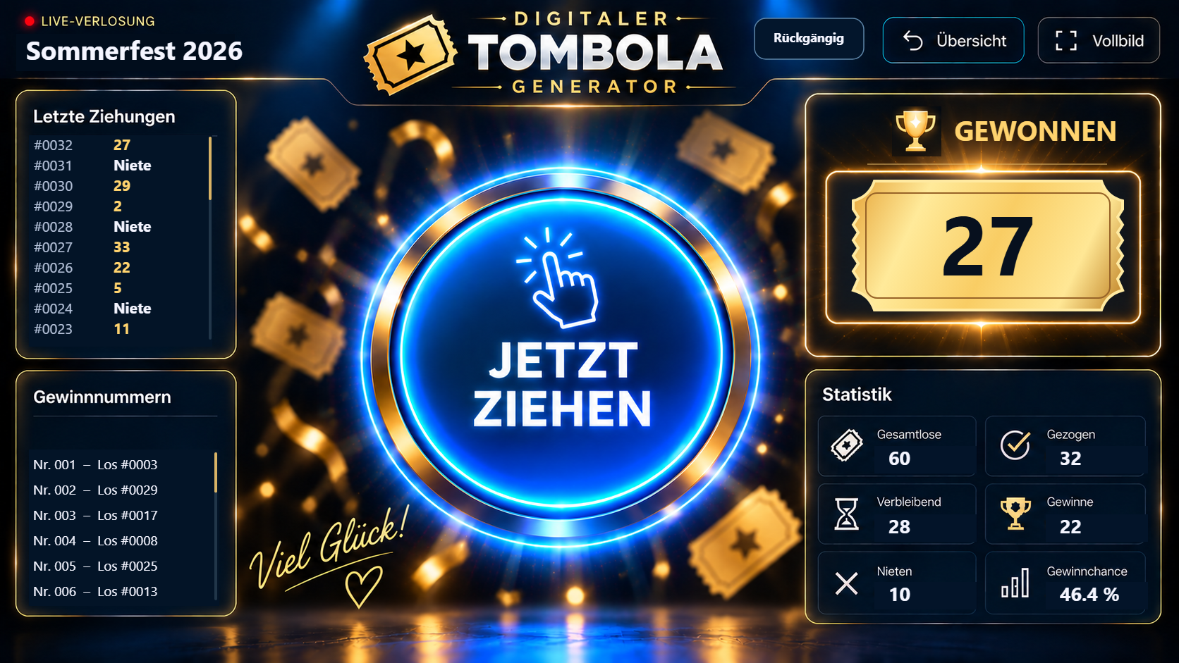 Digitale Tombola nach 32 Ziehungen mit goldenem Gewinnlos, Verlauf und Statistik